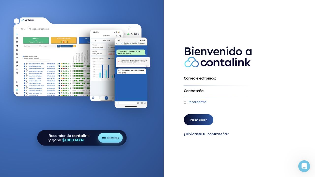 Pantalla real de acceso a Contalink con los campos de correo electrónico y contraseña, junto a una vista del producto web, móvil y WhatsApp.