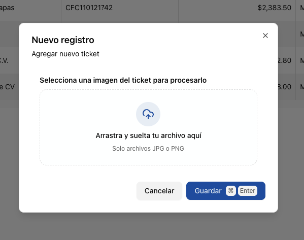 Ventana de Contalink para agregar un ticket cargando una imagen JPG o PNG para su procesamiento con inteligencia artificial