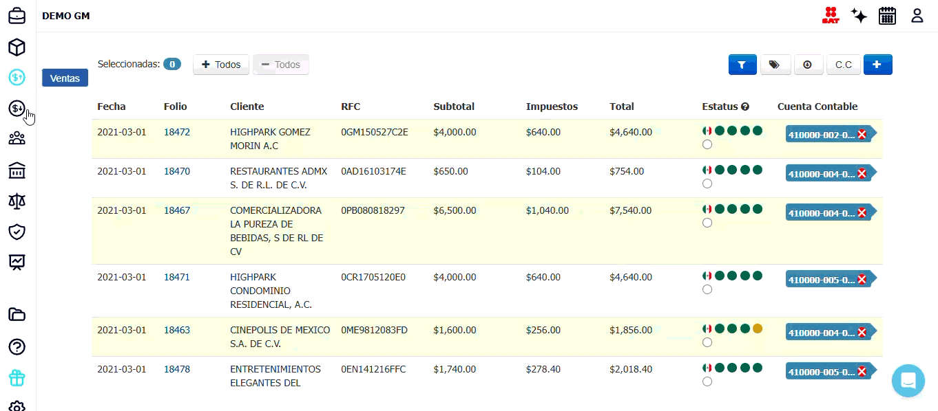 Listado de ventas en Contalink con folio, cliente, RFC, subtotal, impuestos, total y estatus del comprobante