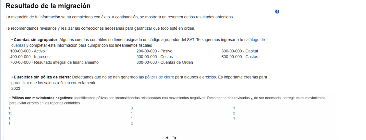Ejemplo del resultado de la migración en Contalink, con confirmación de finalización y observaciones sobre cuentas, ejercicios y pólizas que requieren revisión.