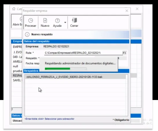 Ventana Respaldar empresa de CONTPAQi Contabilidad, donde se genera el archivo .bak para importar la información en Contalink.