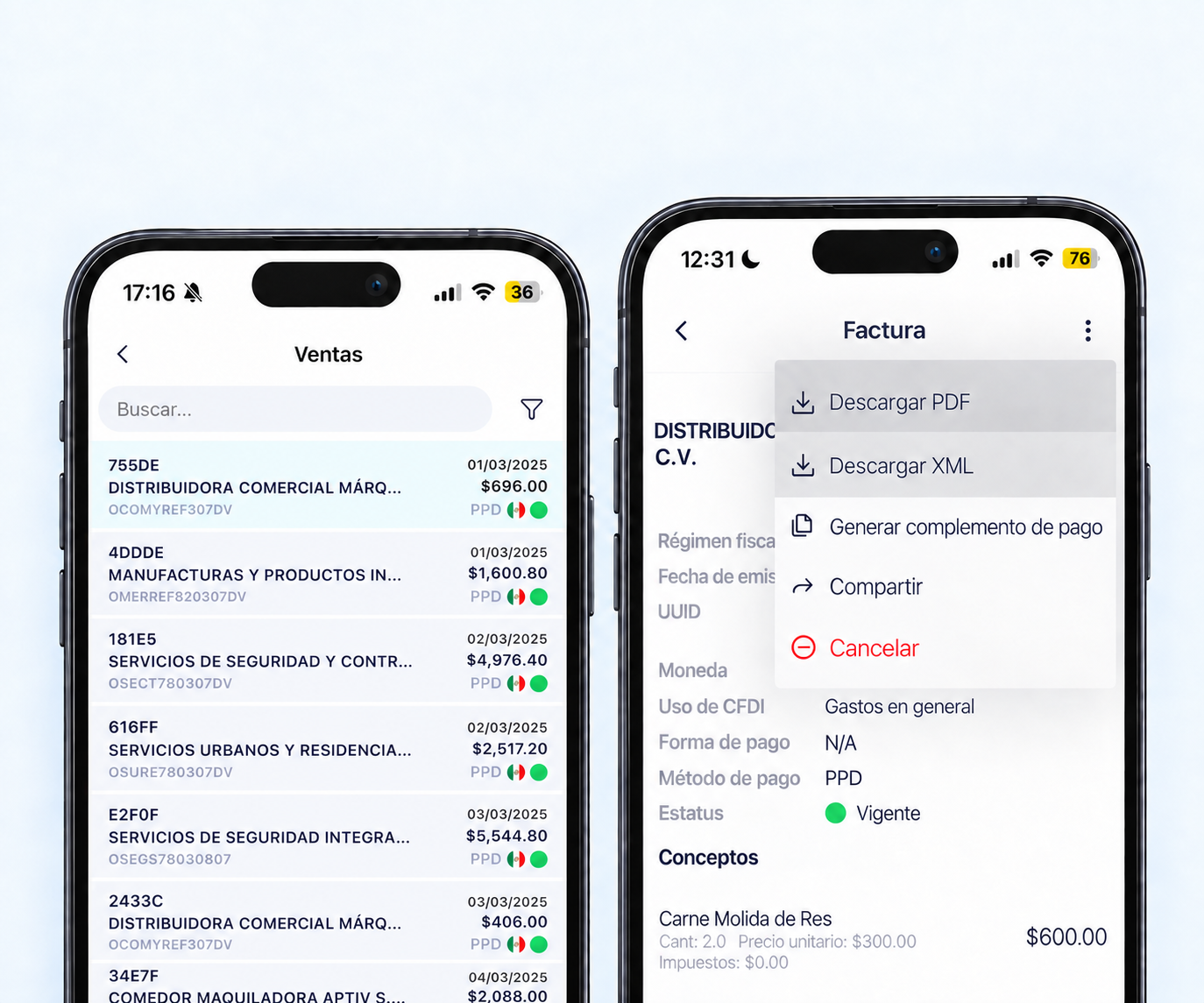Dos celulares de frente con Contalink: Ventas a la izquierda y Factura con opciones para descargar PDF, XML y compartir a la derecha