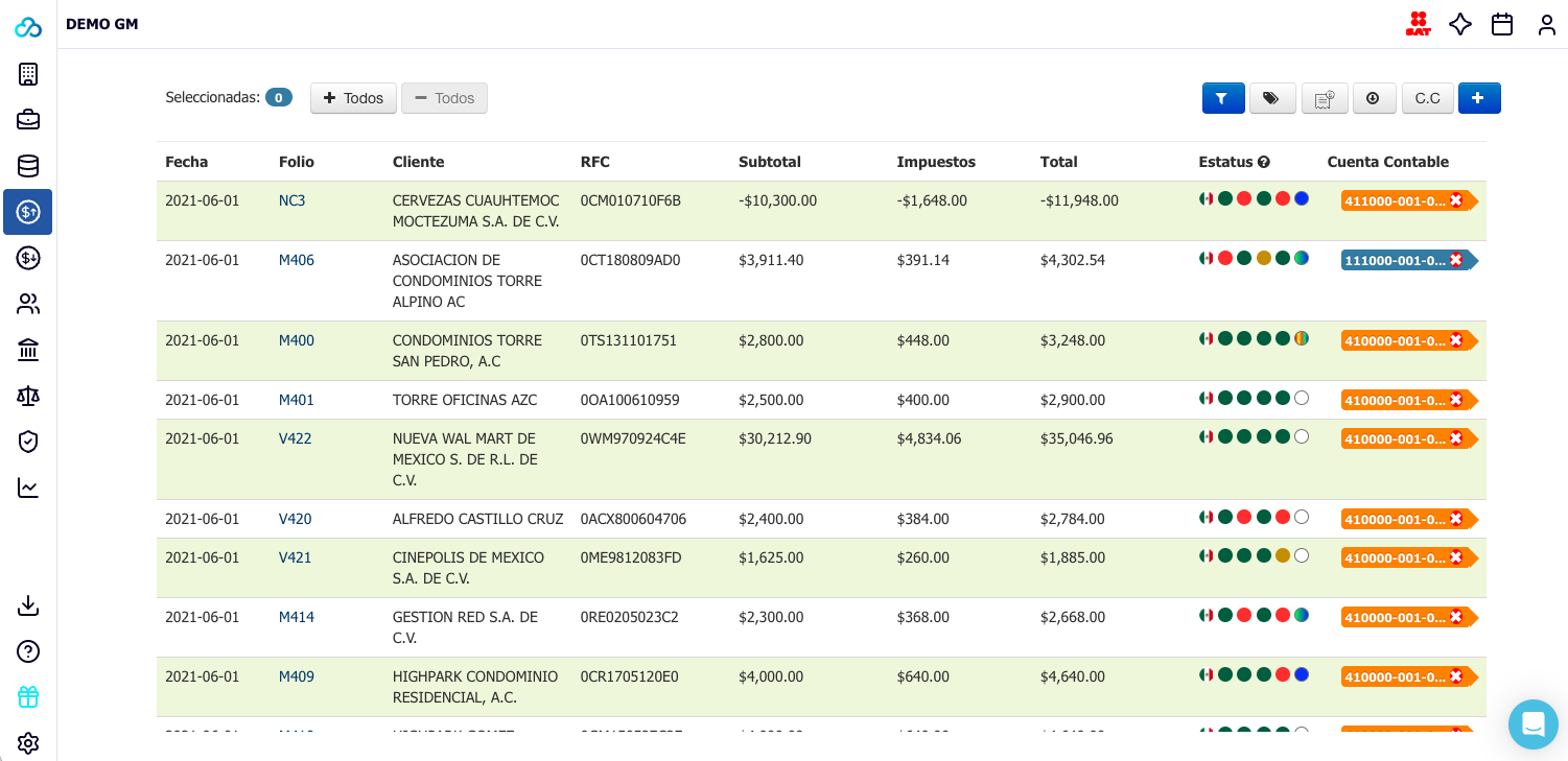 Pantalla de Contalink en computadora con el listado de CFDIs, clientes, importes y estatus