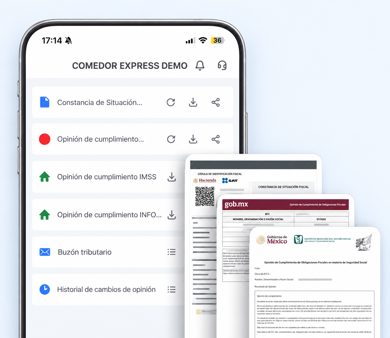 Vista de documentos fiscales en la app móvil de Contalink, con opciones para consultar, descargar y compartir constancias y opiniones de cumplimiento