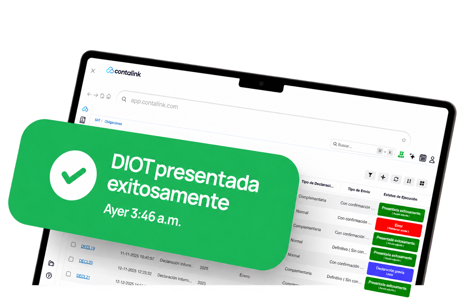 Computadora con Contalink y notificación de DIOT presentada exitosamente
