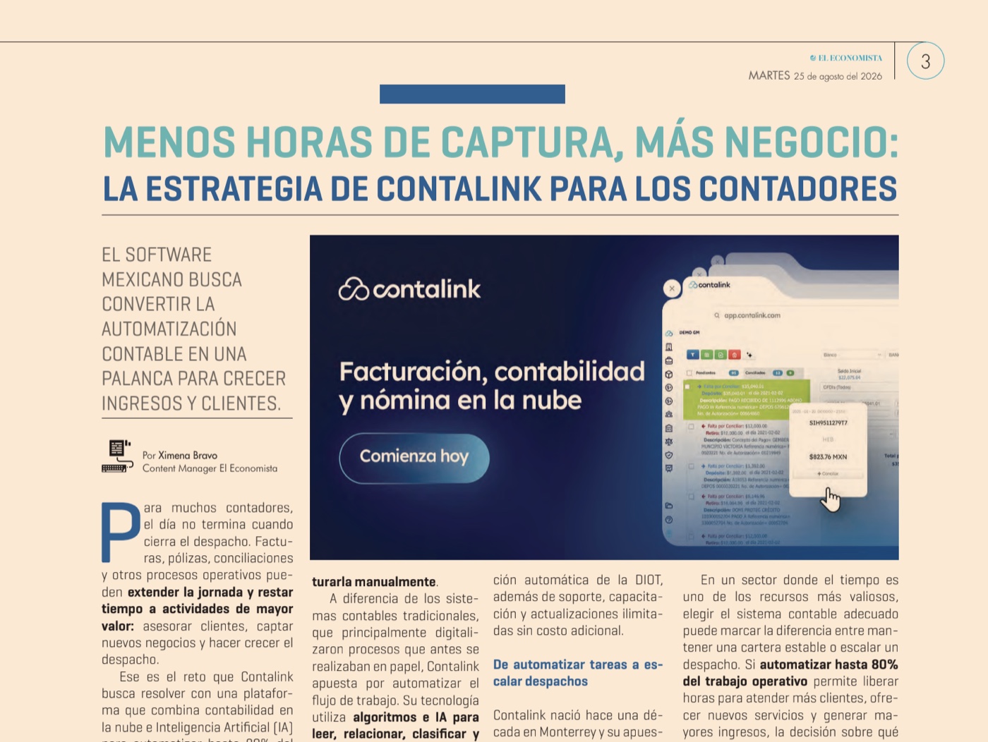 Nota impresa de El Economista: Menos horas de captura, más negocio, la estrategia de Contalink para los contadores