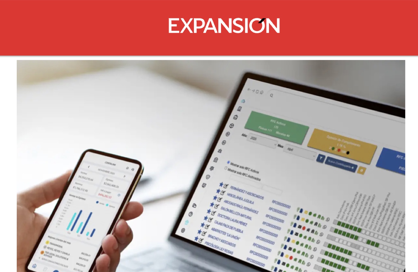 Publicación de Expansión sobre Contalink, con su cabecera y el producto en computadora y celular